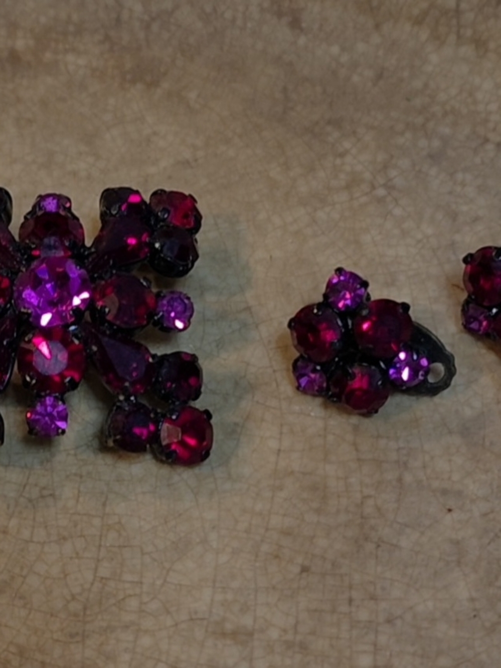 Vintage Made in Austria Rhinestone Set - Japanned Black Metal - Brooch & Earring